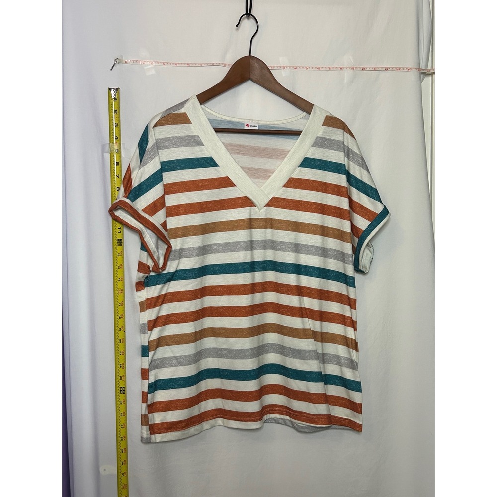 WIHOLL Women's XL Striped V Neck Short Sleeve Top Orange Teal Gray White‎